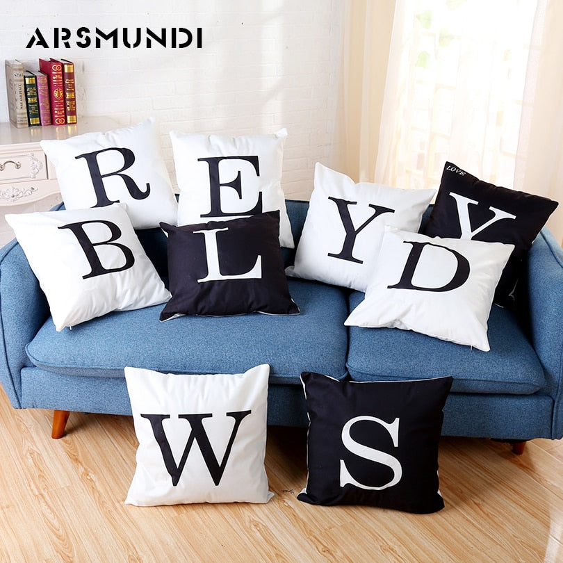 Letter Vintage Cushion Cover Polyester Fashion Home use Pillow cover Living room Bed Sofa Cushion Cover Black White