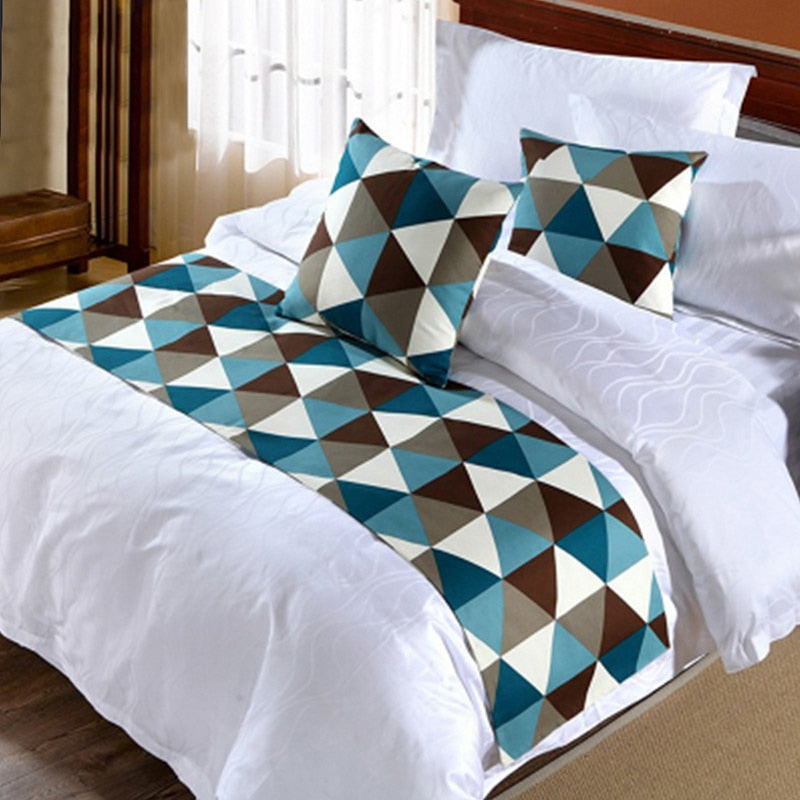 Fashion Geometric Design Bed Runner/Bed Scarf/Bed Tail Towel For Home Hotel Bedroom Bedding Decor Blue White